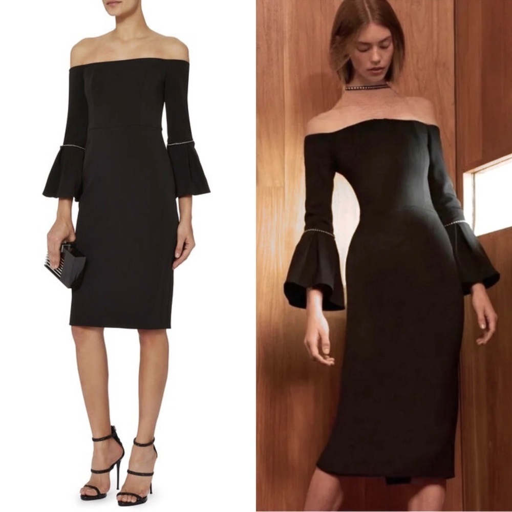 Alexis Off Shoulder Embroidered Trim Flared Bell Sleeve Crepe Sheath Dress Xs